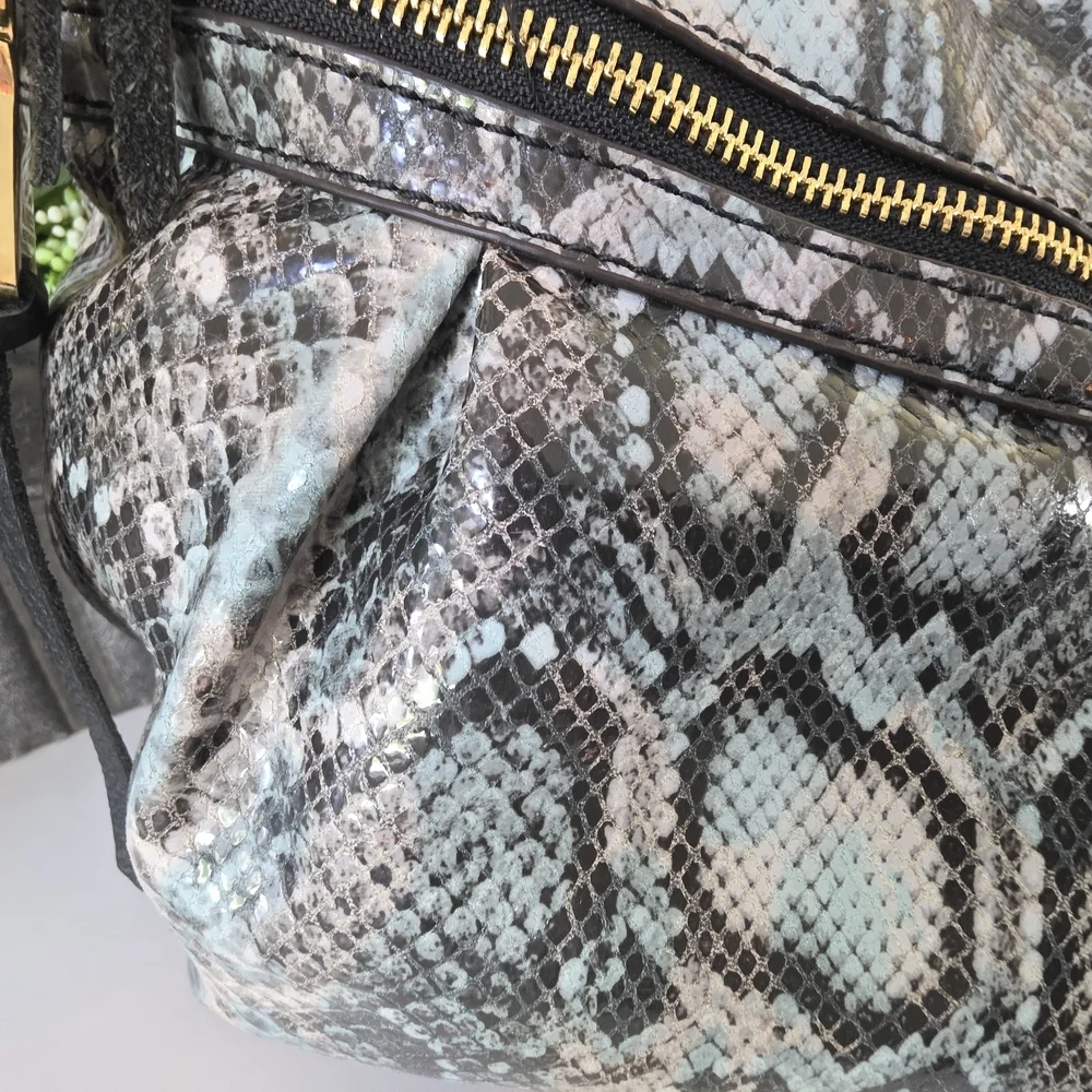 Aimee Kestenberg Snakeskin Embossed Leather Hobo Bag Gray Black Pale Blue